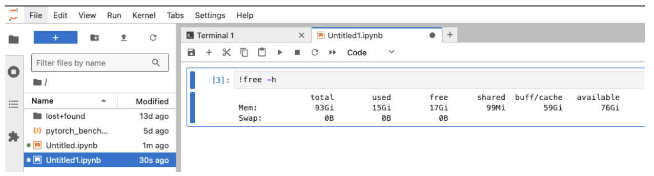 Screenshot showing the Jupyter editor open with !free -h command in a code cell