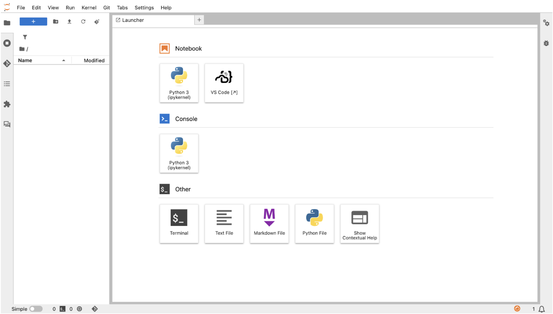JupyterLab interface with file launcher options and active directory tree
