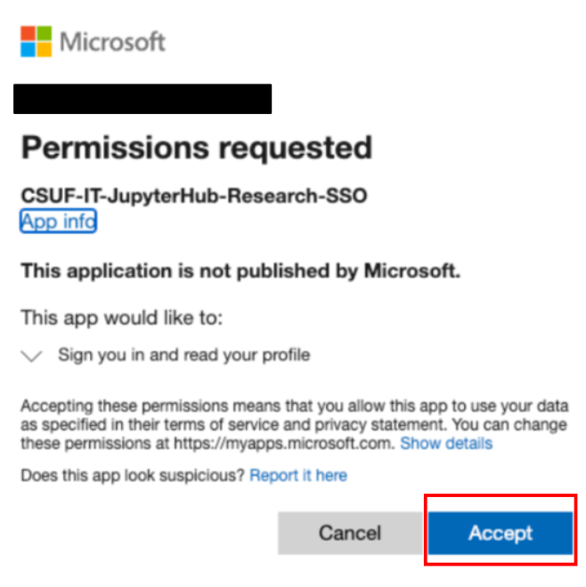 Microsoft permission request page asking to authorize JupyterHub access