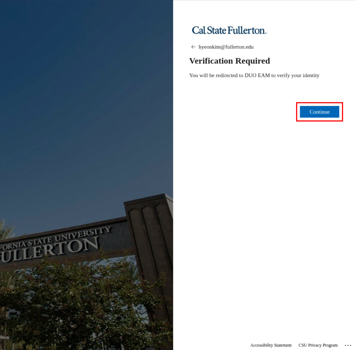 DUO EAM Verification Required page with Continue button