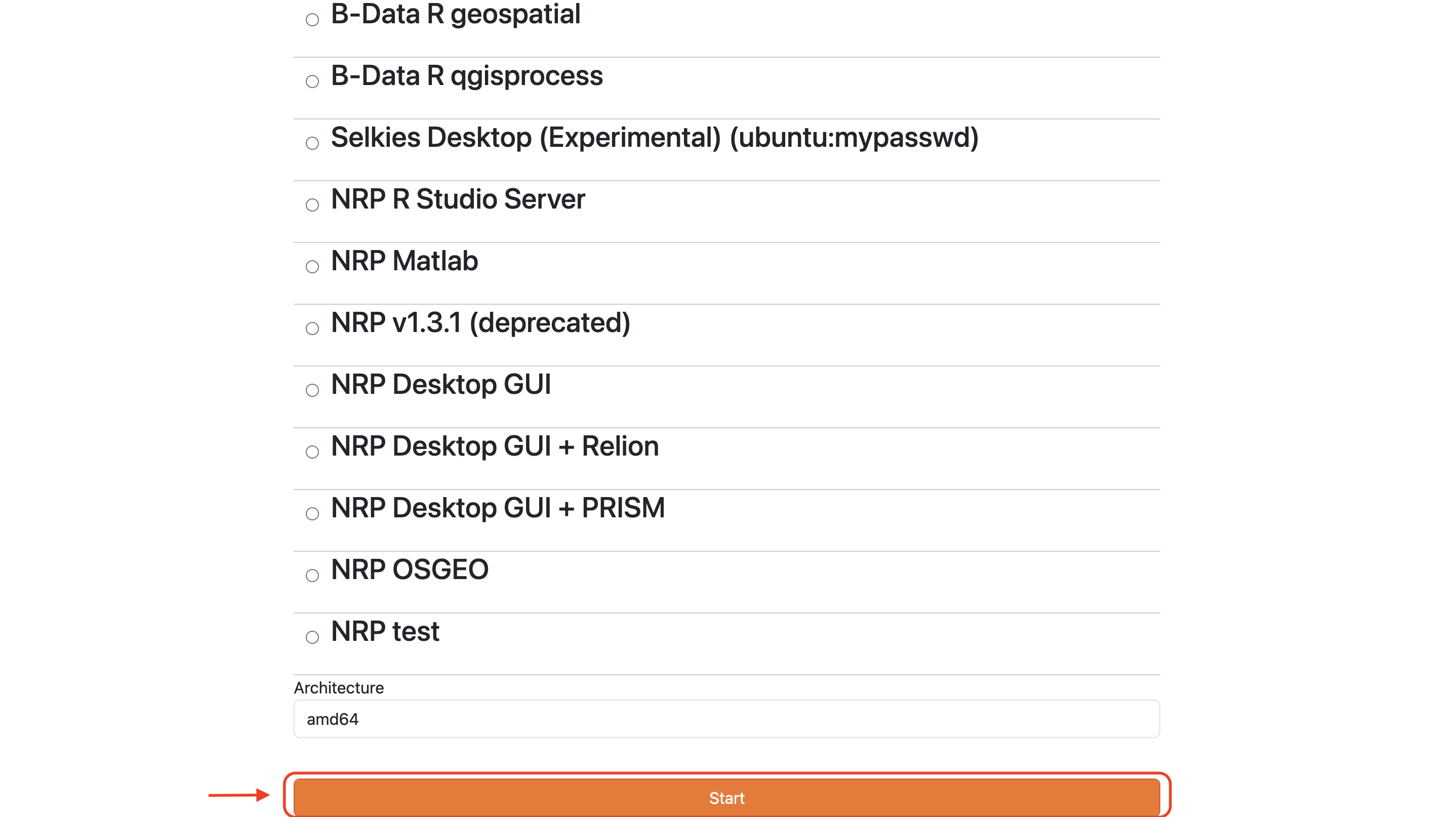 JupyterHub Server Options page showing environment selection dropdowns and the Start button