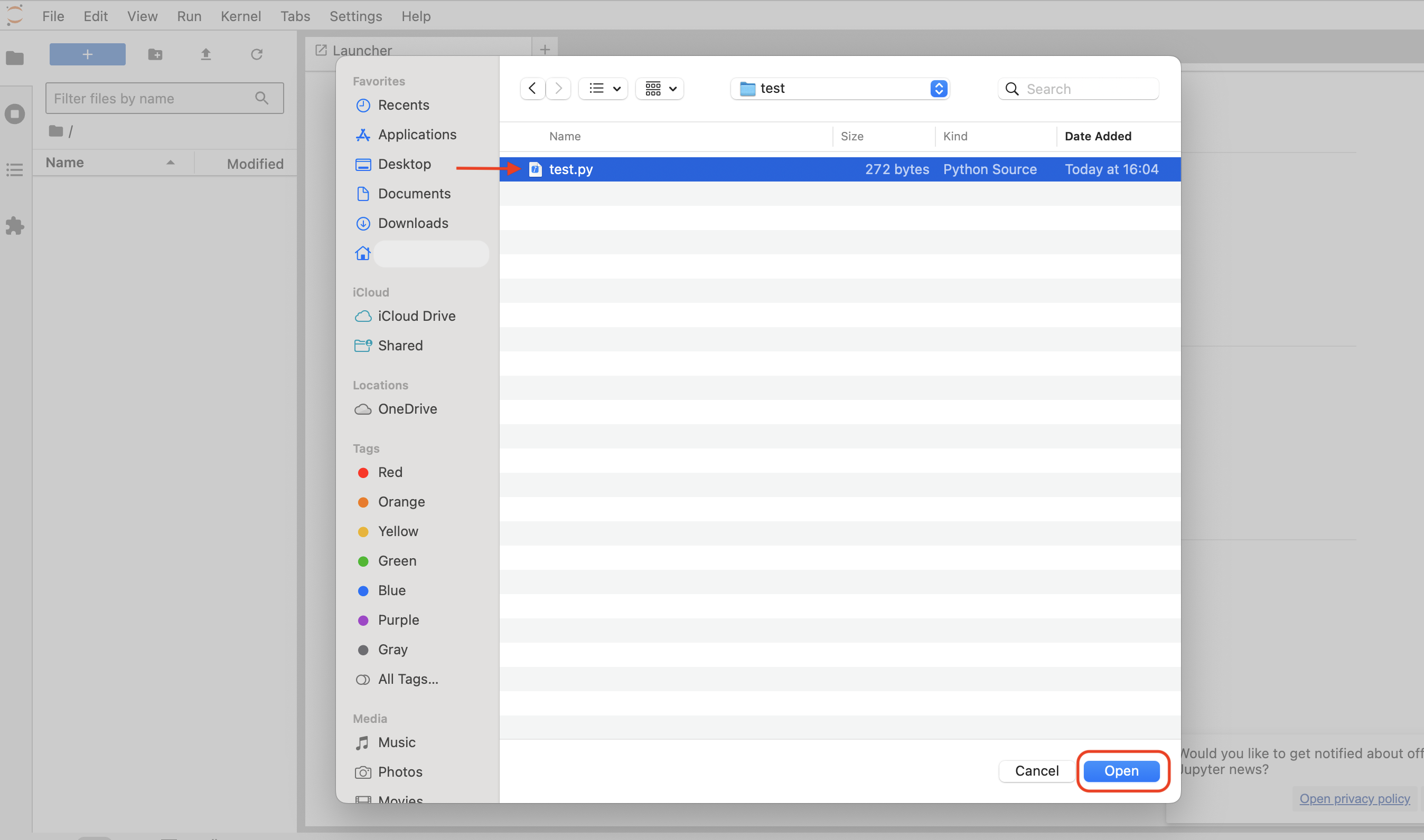 Screenshot showing the Finder popup opened to browse local files