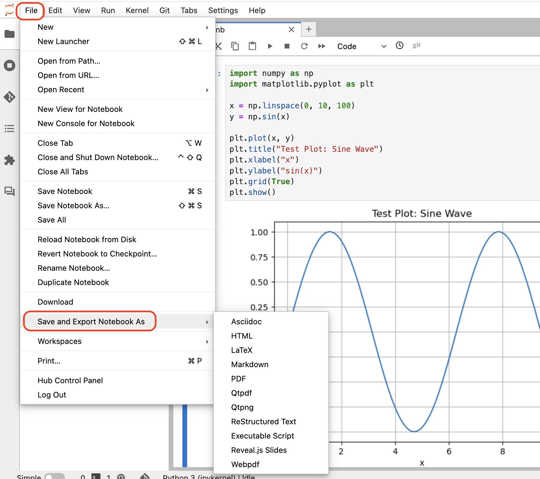 Screenshot showing the File menu open with the "Save and Export Notebook As" option highlighted