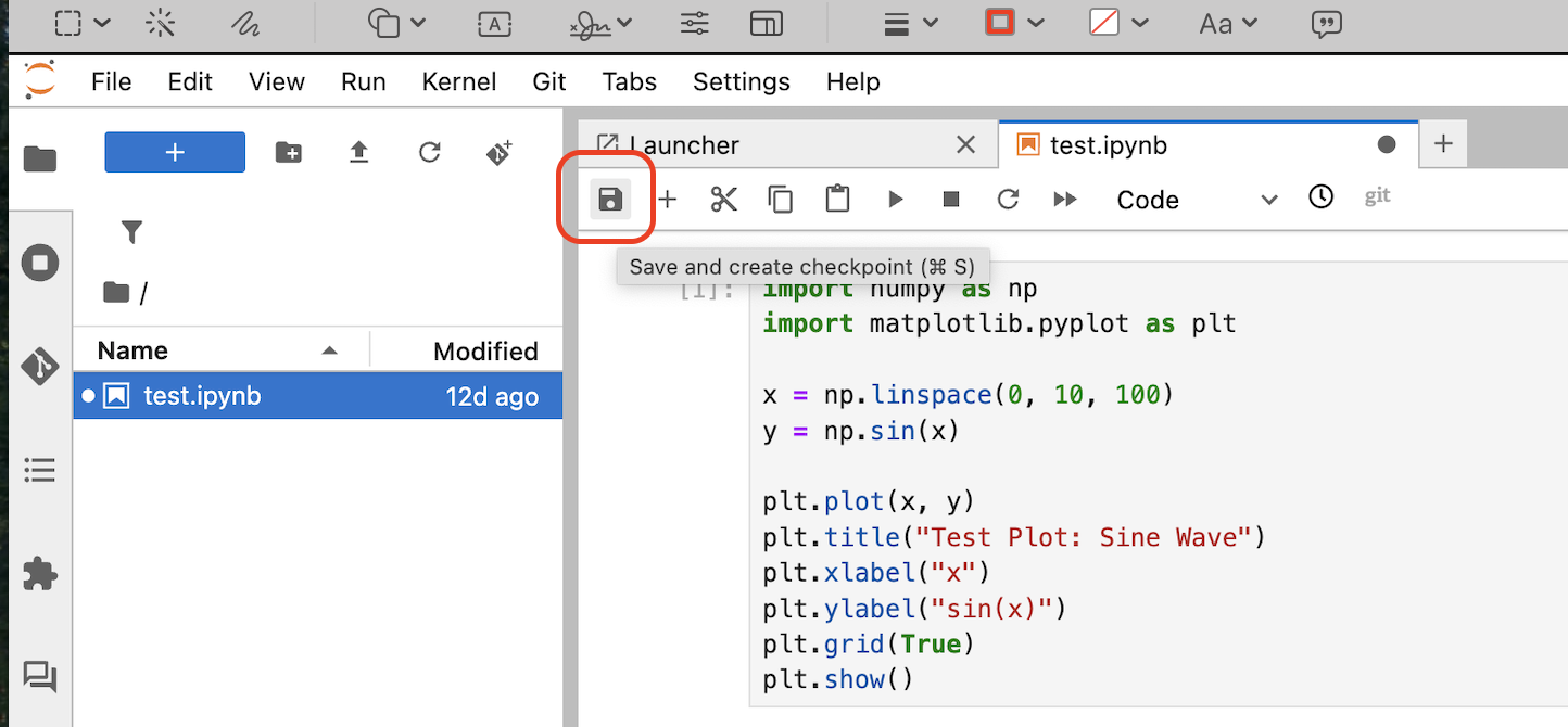 Screenshot highlighting the Save icon in the Jupyter notebook toolbar